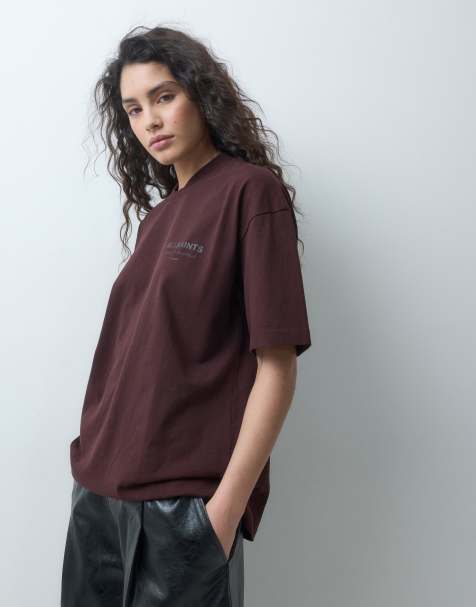 AllSaints Underground T-shirt a maniche corte con logo grafico leopardato e stampa sul retro, bordeaux - view 1