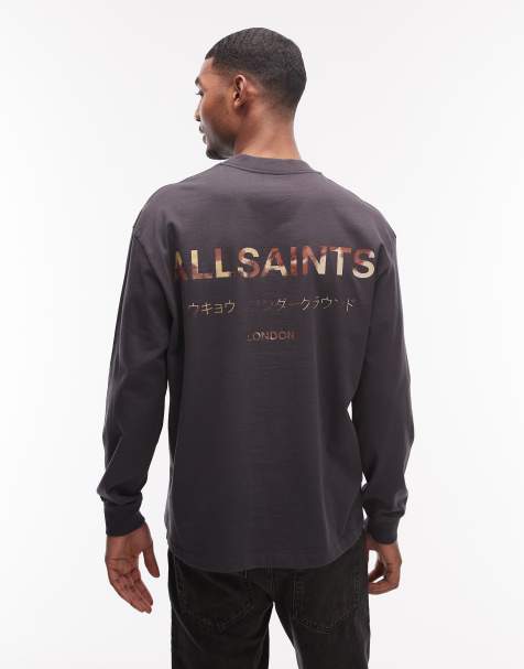 AllSaints - Underground - T-shirt a maniche lunghe nero slavato con stampa pezzata con logo sul retro - view 1