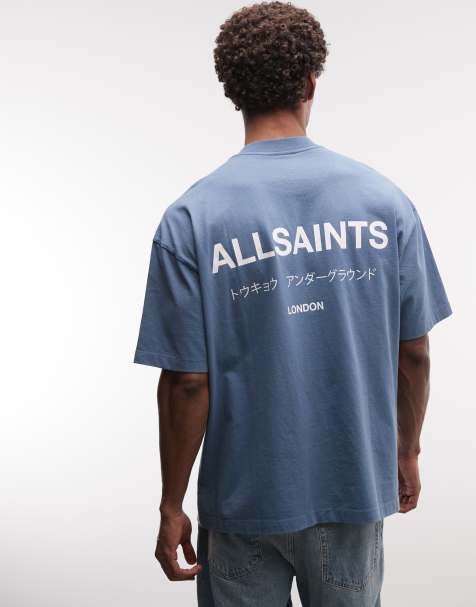 AllSaints – Underground – T-Shirt in Mittelblau mit Logo und Rückenprint - view 1