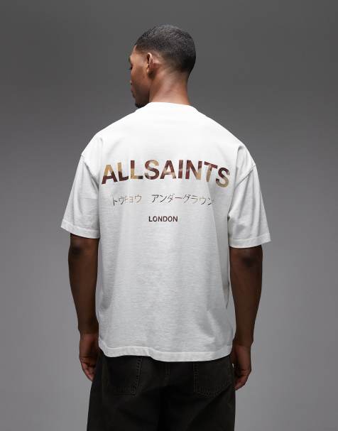 AllSaints – Underground – T-Shirt in Weiß mit Kuhfellmuster-Logo und Rückenprint - view 1
