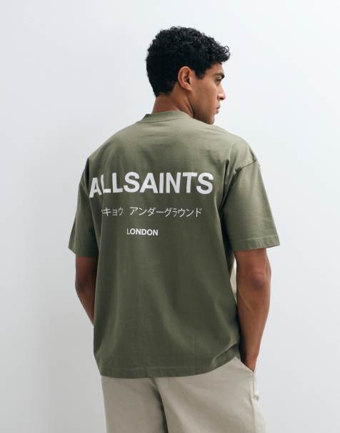 AllSaints Underground T-shirt met korte mouwen, grafisch logo en print op de rug in donkergroen - view 1