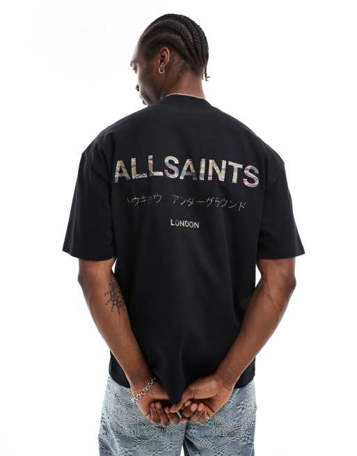AllSaints - Underground - T-shirt oversize nera con dettaglio mimetico