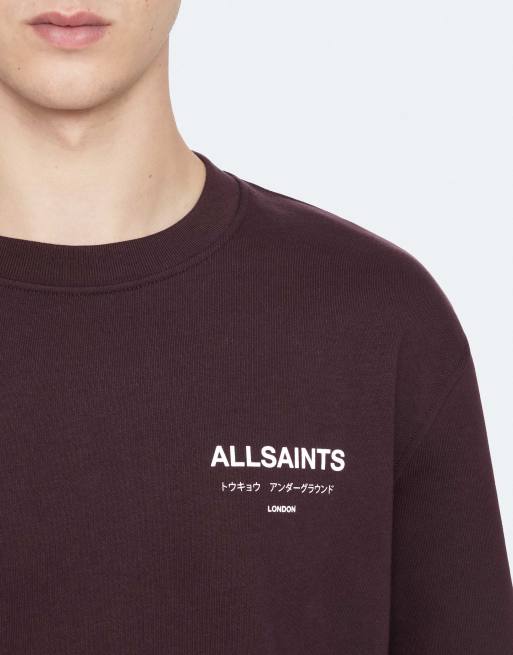 AllSaints Underground trui met ronde hals in bordeauxrood, 6 van 7