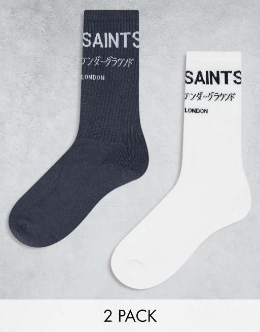 AllSaints – Underground – Zestaw 2 par skarpetek w kolorze szaroniebieskim i białym