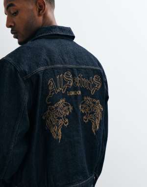AllSaints Union Tigers denim jacket with back embroidery in dark wash blue