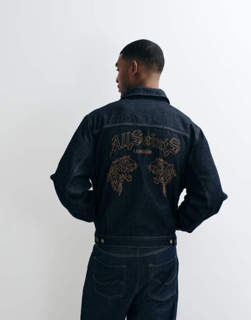 AllSaints Union Tigers denim jacket with back embroidery in dark wash blue, 4 of 5