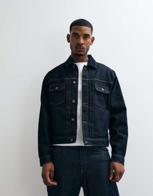 AllSaints Union Tigers denim jacket with back embroidery in dark wash blue, 5 of 5