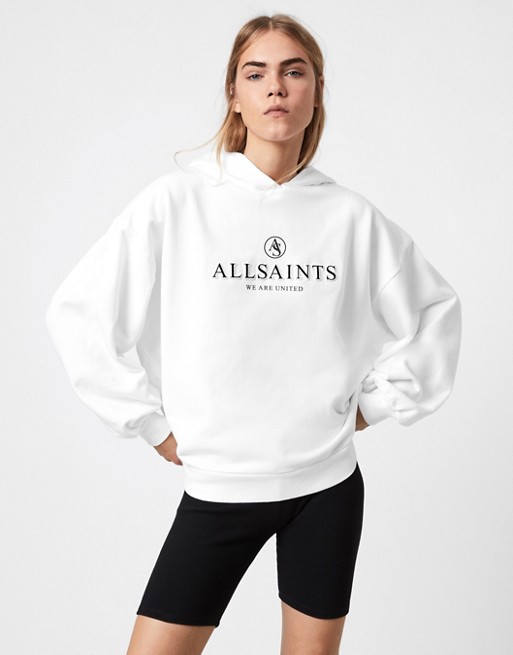 AllSaints Unite Jen relaxed logo hoodie in white