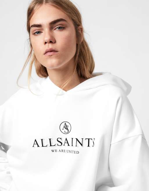 AllSaints Unite Jen relaxed logo hoodie in white