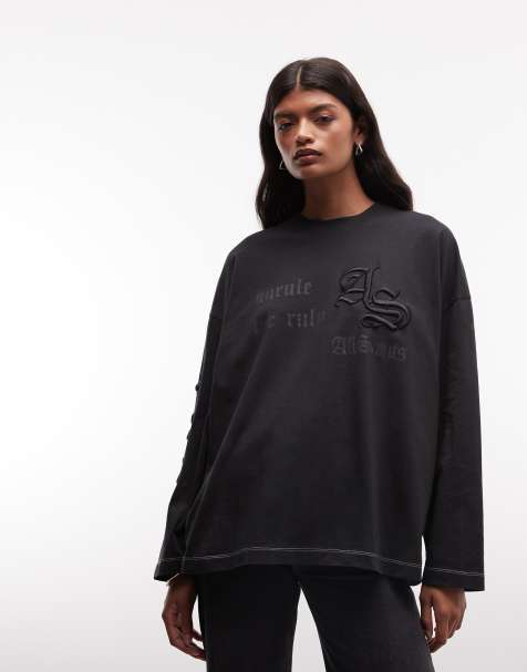 AllSaints Untruly Susie langærmet T-shirt med grafisk logo i sort - view 1