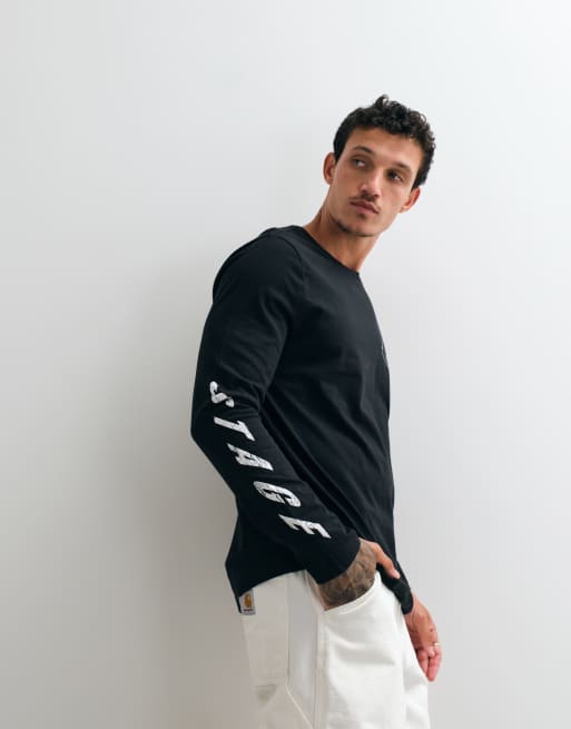 AllSaints Upstaged long sleeve gtaphic logo t-shirt with back print in washed black