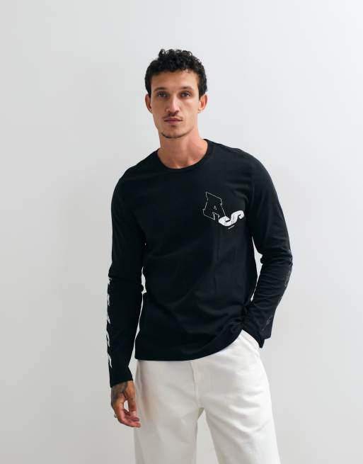 AllSaints Upstaged long sleeve gtaphic logo t-shirt with back print in washed black, 4 of 5