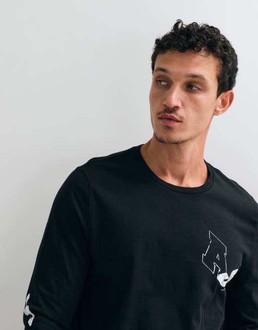 AllSaints Upstaged long sleeve gtaphic logo t-shirt with back print in washed black, 5 of 5