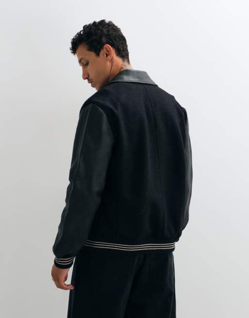 AllSaints Vanson wool faux leather varsity bomber jacket in black, 5 of 5