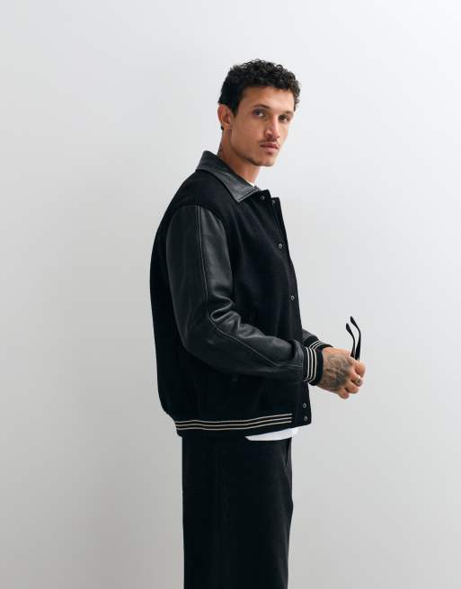 AllSaints Vanson wool leather varsity bomber jacket in black, 2 of 5