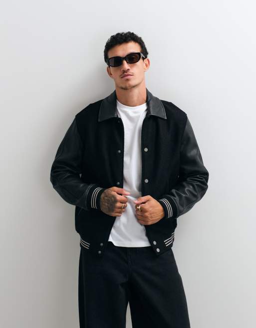 AllSaints Vanson wool leather varsity bomber jacket in black, 3 of 5