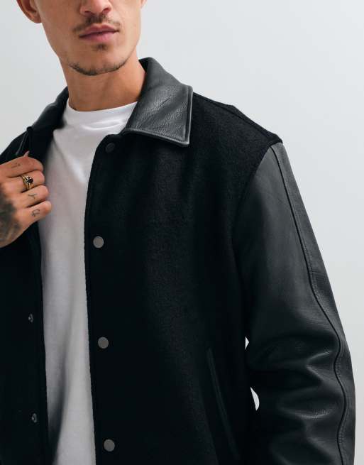 AllSaints Vanson wool leather varsity bomber jacket in black, 4 of 5