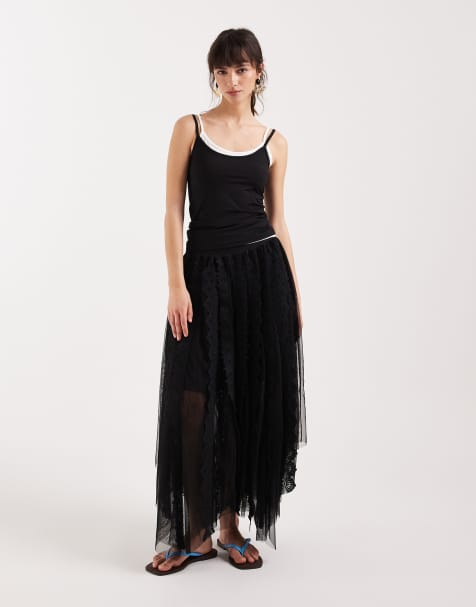 AllSaints vashtie asymmetric tulle ruffle midi skirt in black - view 1