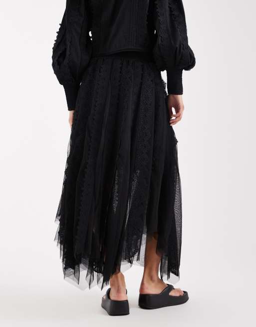 AllSaints - Vashtie - Gonna midi asimmetrica in tulle nera con volant, 5 di 5