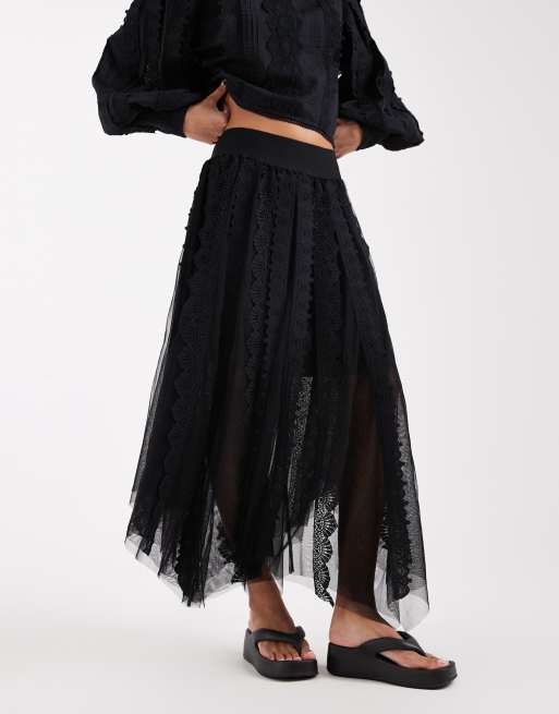 AllSaints - Vashtie - Jupe mi-longue asymétrique en tulle à volants - Noir, 2 de 5