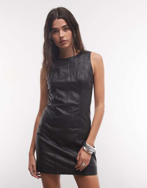 AllSaints Vee robe courte en cuir cintrée sans manches noire - view 1