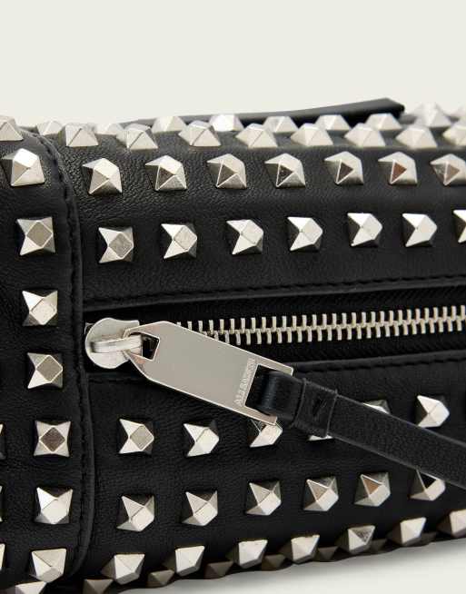 AllSaints - Vega - Borsa da spalla piccola in pelle nera con borchie argentate , 4 di 4