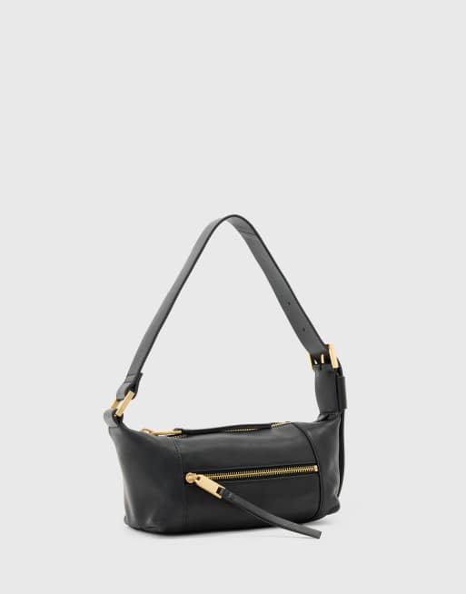 AllSaints Vega leather mini shoulder bag in burgundy