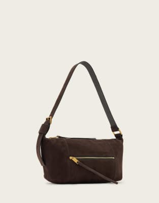 AllSaints - Vega - Schultertasche aus Wildleder in Bitterbraun-Brown