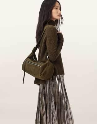 AllSaints - Vega - Schultertasche aus Wildleder in Olivgrün