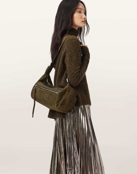 AllSaints – Vega – Schultertasche aus Wildleder in Olivgrün - view 1