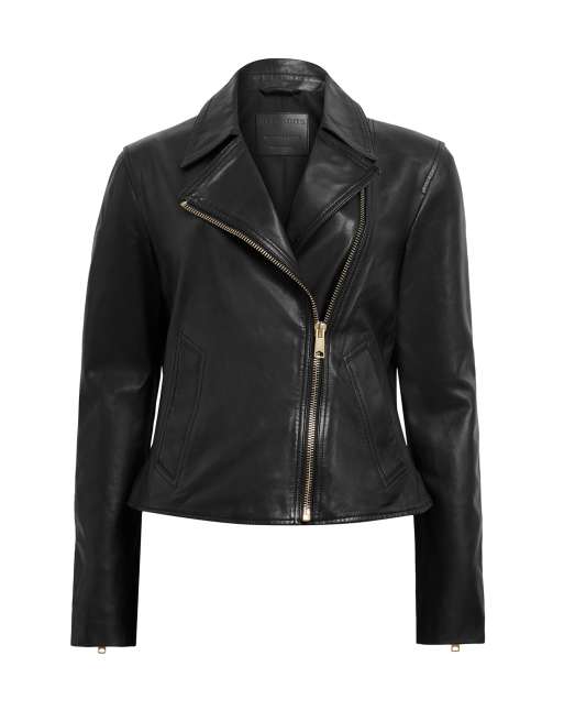 AllSaints – Vela – Bikerjacke in Schwarz/Gold ASOS