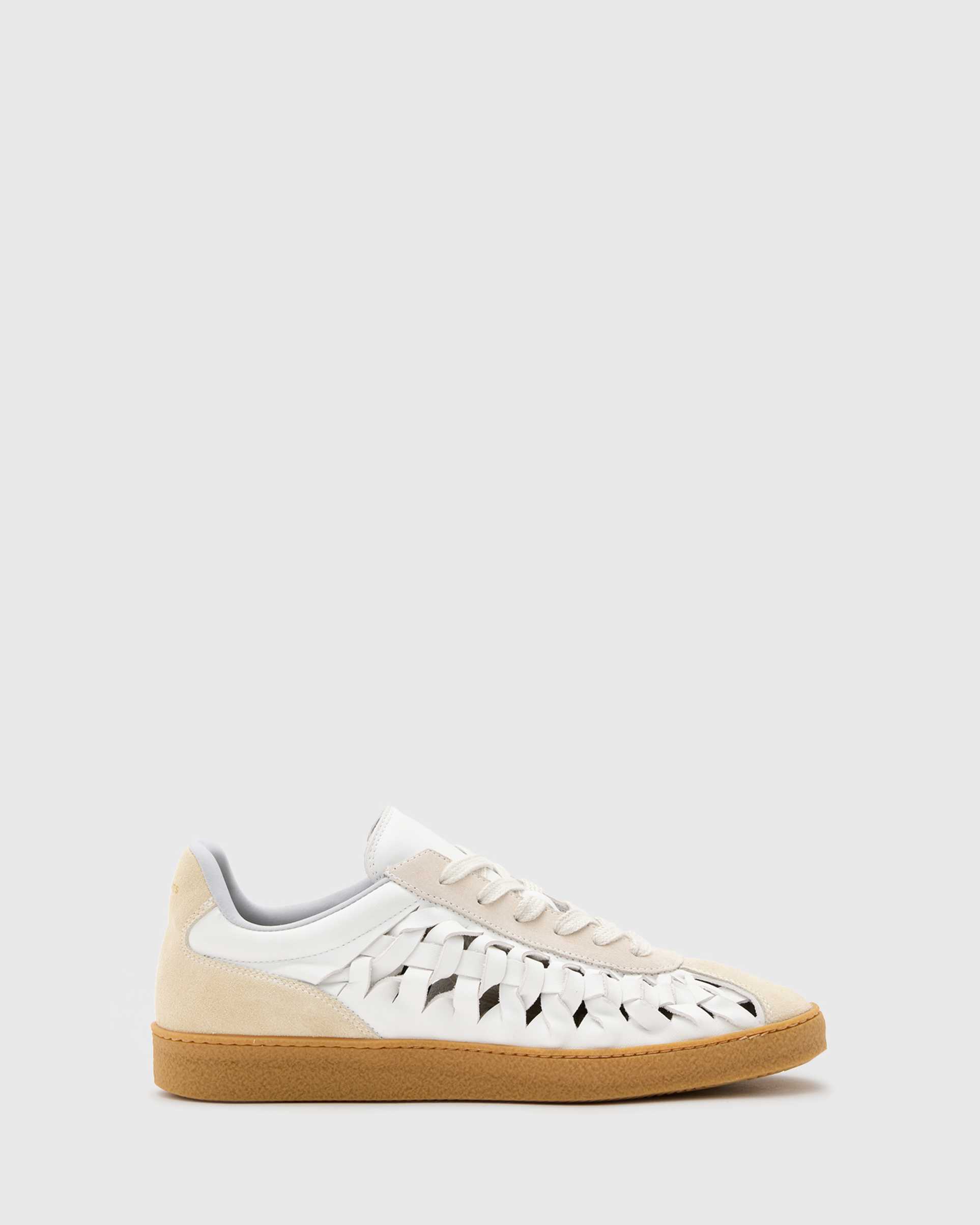 allsaints velma leather woven sneakers in chalk white