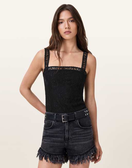 AllSaints – Vera – Body aus Spitze in Schwarz