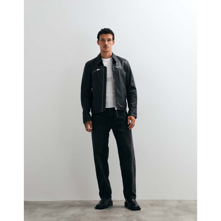 AllSaints Verdi zip up sheep leather jacket in black | ASOS