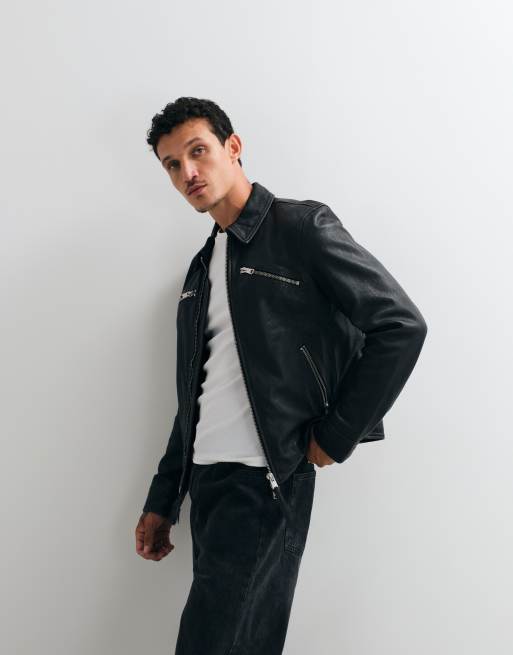 AllSaints Verdi zip up sheep leather jacket in black | ASOS