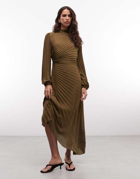 AllSaints - vestido midi fruncido y plisado de manga larga en verde oliva - view 1