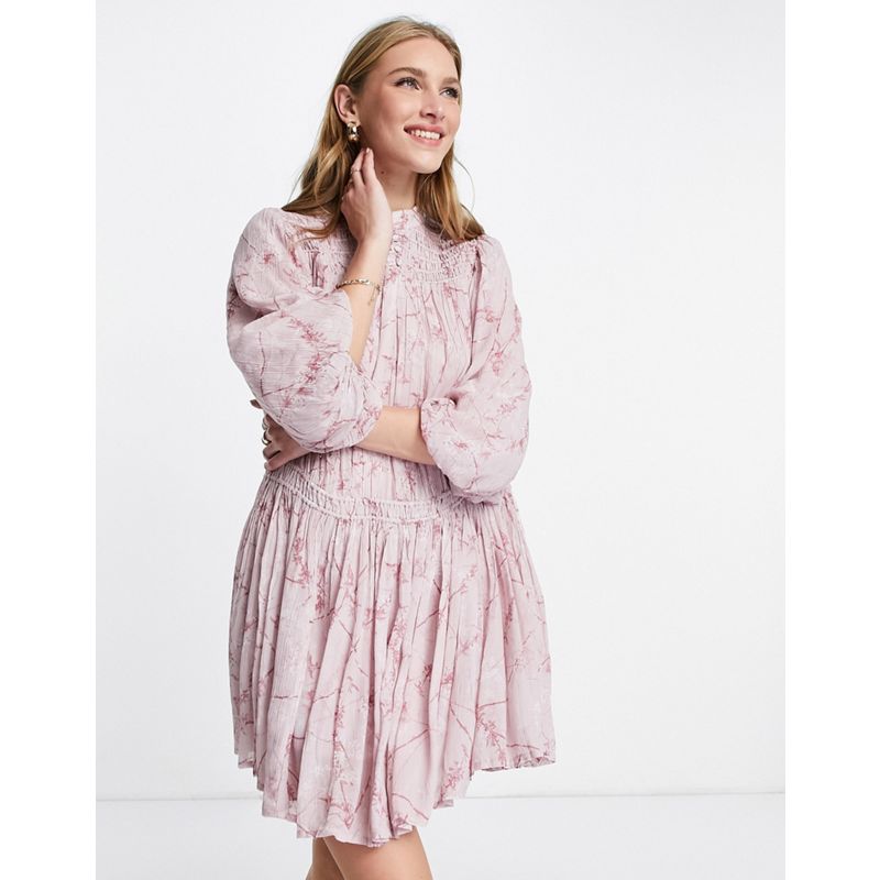  Donna AllSaints - Vestito da giorno a maniche lunghe con vita scesa rosa a fiori