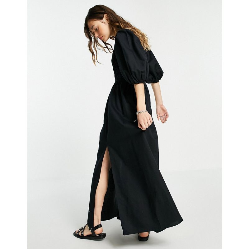 Designer  AllSaints - Vestito lungo con maniche a sbuffo in lino nero