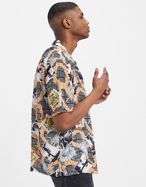 AllSaints Vista relaxed fit photo and flower print short sleeve shirt in white/black