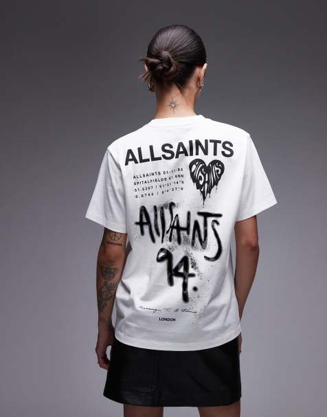 AllSaints – Vit t-shirt med boyfriend-passform och tryck - view 1