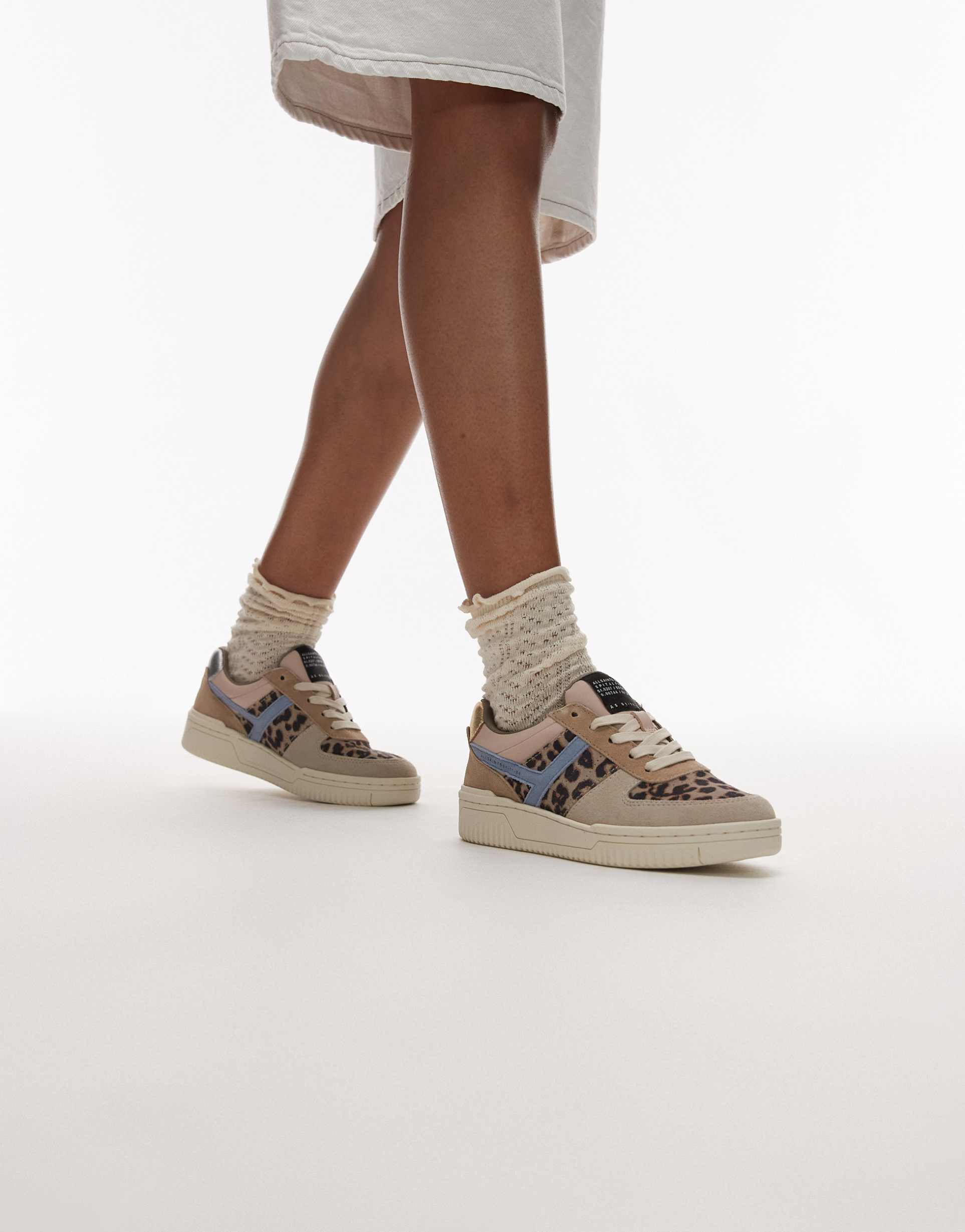 allsaints vix leather mix sneakers in sand leopard multi