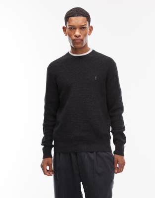 AllSaints waffle knit crew neck logo jumper in black
