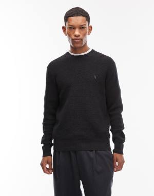 AllSaints waffle knit crew neck logo jumper in black