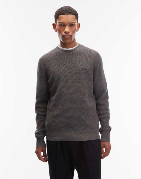 AllSaints waffle knit crew neck logo jumper in charcoal grey