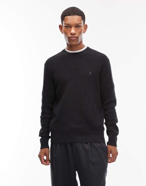 AllSaints waffle knit crew neck logo sweater in black - view 1