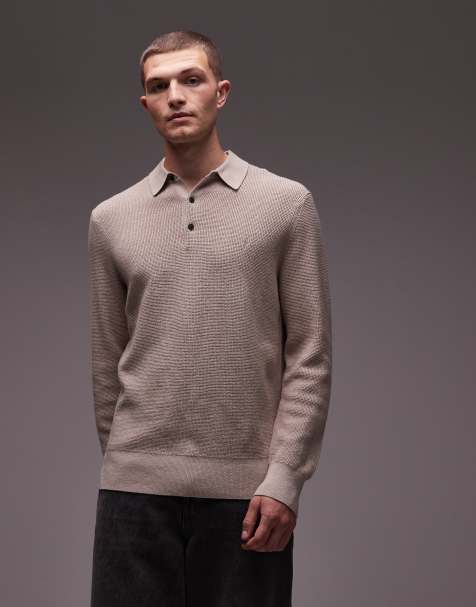 Allsaints waffle knitted polo in beige - GREY - view 1