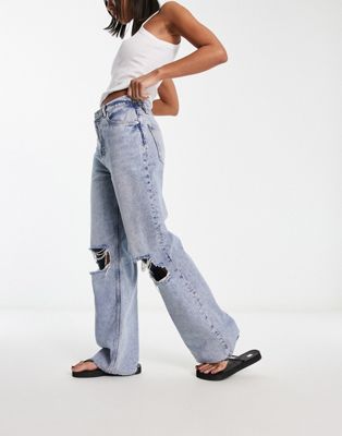 AllSaints Wendel Destroy wide leg knee rip busted jeans in blue - ASOS Price Checker