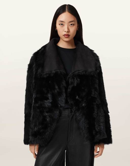 AllSaints – Wilton – Jacke aus Lammfell in Schwarz