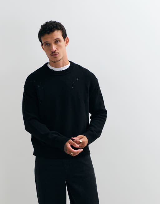 AllSaints Wolf striktrøje i merinould med slidt look i sort, 2 af 5