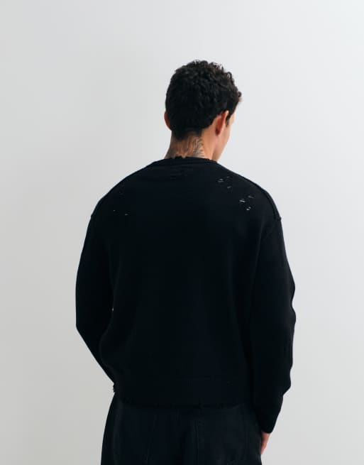 AllSaints Wolf striktrøje i merinould med slidt look i sort, 4 af 5